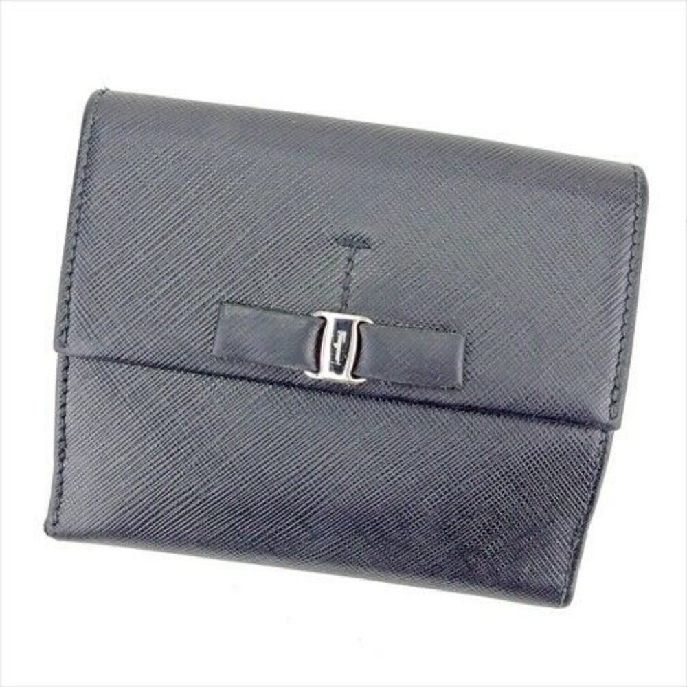 Salvatore Ferragamo W hook purse Vala ribbon Black Silver Ladies Auth T9450